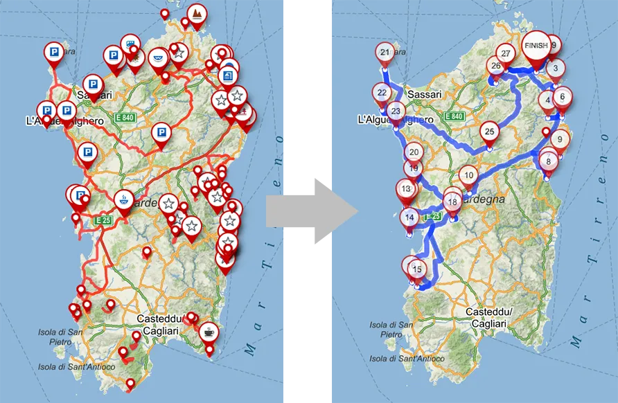 A map showing the planned route and the actual one of the roadtrip, Sardinia